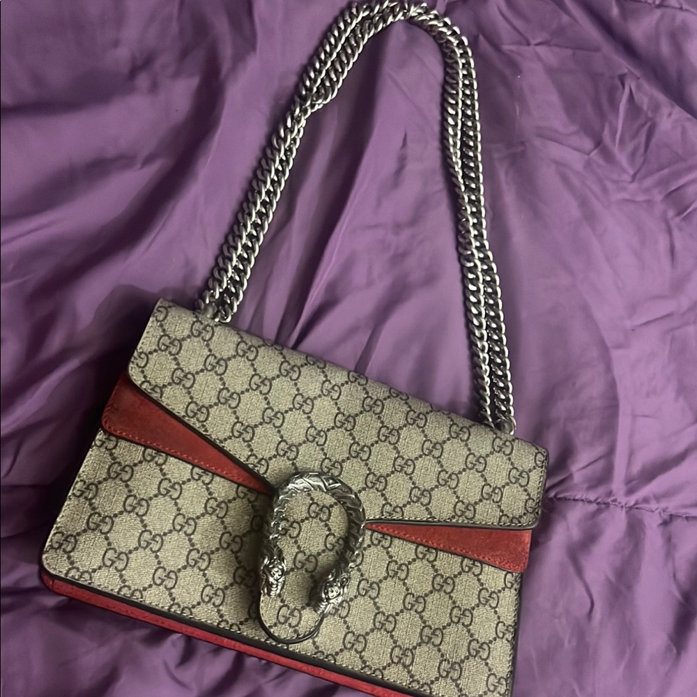 Gucci Cream and Red Shoulder Bag with Signature Tiger Head